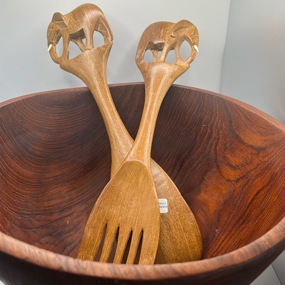 Source Unknown Other - Hand carved wooden salad bowl with elephant tossers made in Kenya